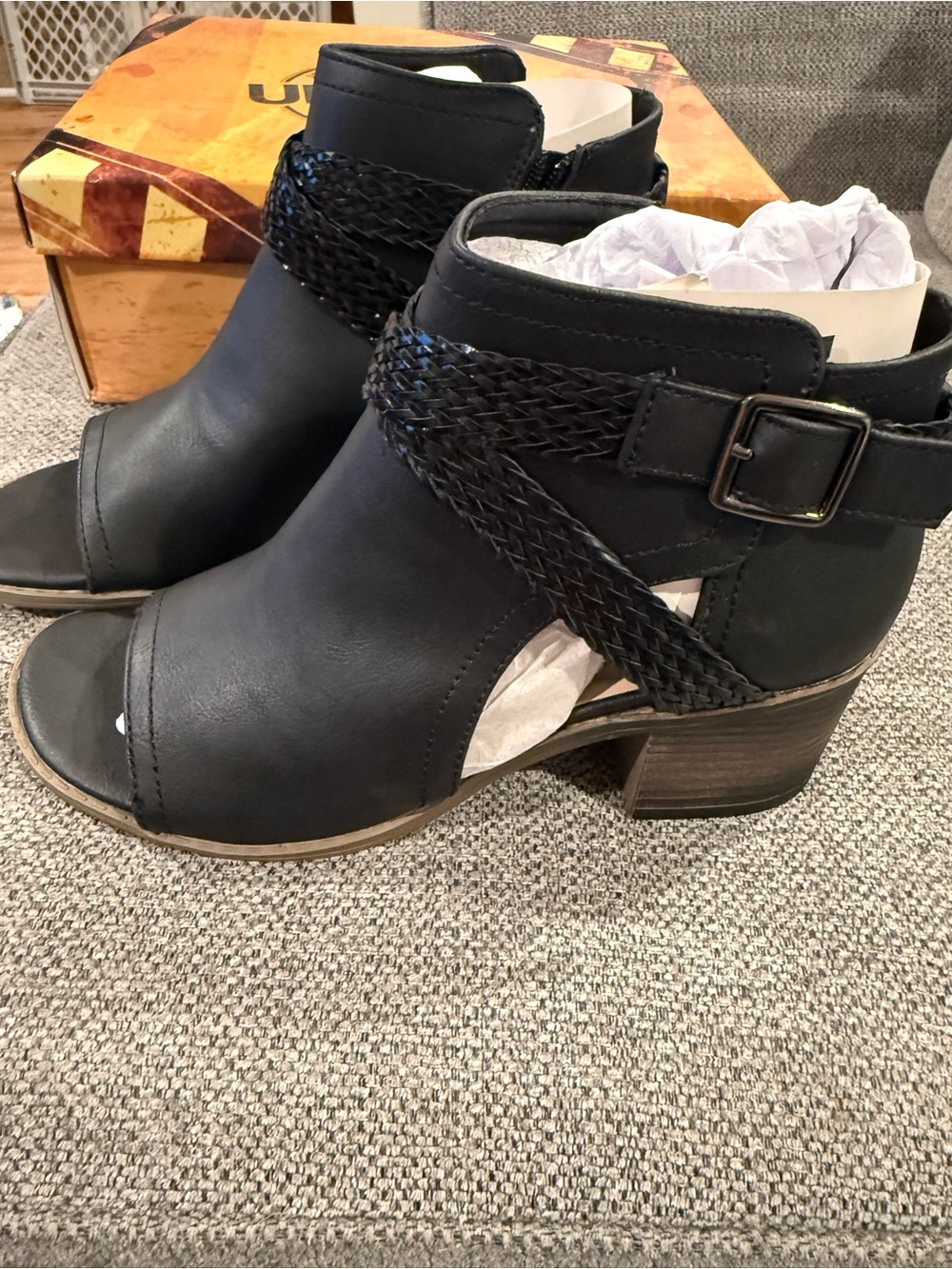 UNR8ED Women's Black Open-Toe Ankle Bootie with Braided Strap